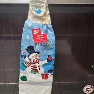 Crochet Topper Towel Handmade Snowman Let it Snow kitchen hand towel unique NEW